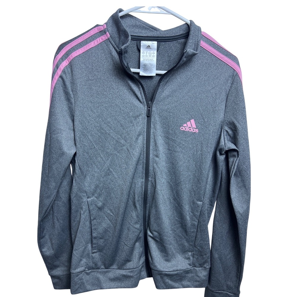 Adidas Womens Track Jacket Gray Pink 3-Stripe Full Zip Mock Neck‎ Size M Active